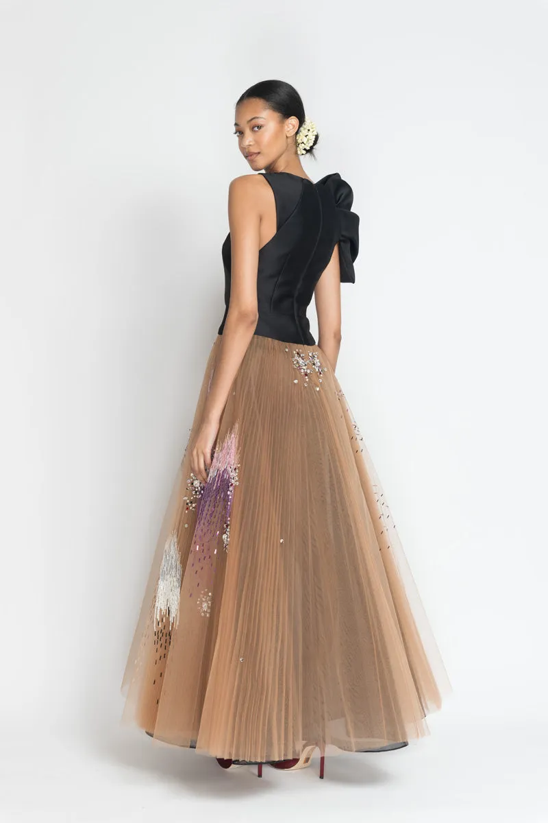 Black Gazar Asymmetric Halter Top with Odisha Ikat Embroidery Tulle Ball Gown