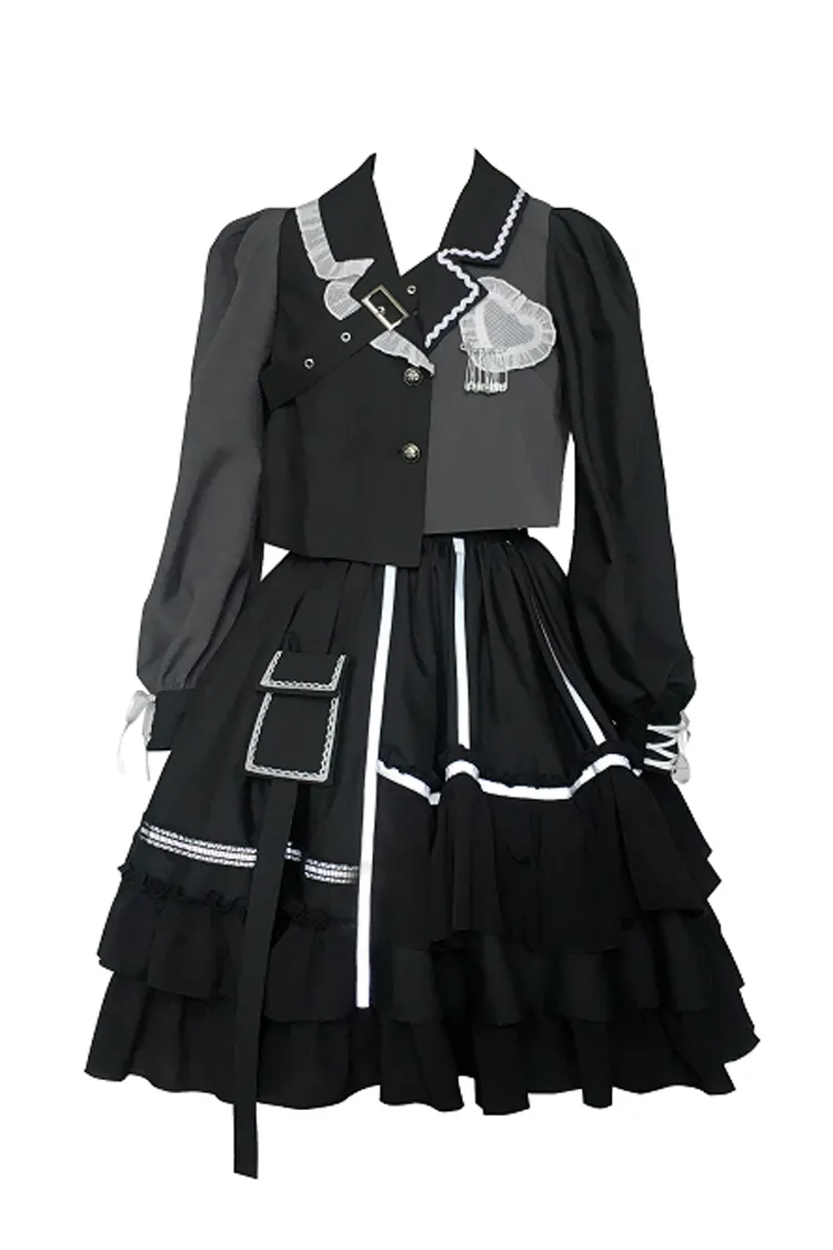 Black Night Talking Reflective Strip Long Sleeves Ruffle Pleated Gothic Lolita Dress Set