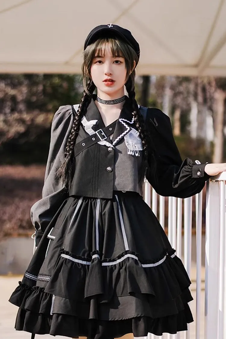 Black Night Talking Reflective Strip Long Sleeves Ruffle Pleated Gothic Lolita Dress Set
