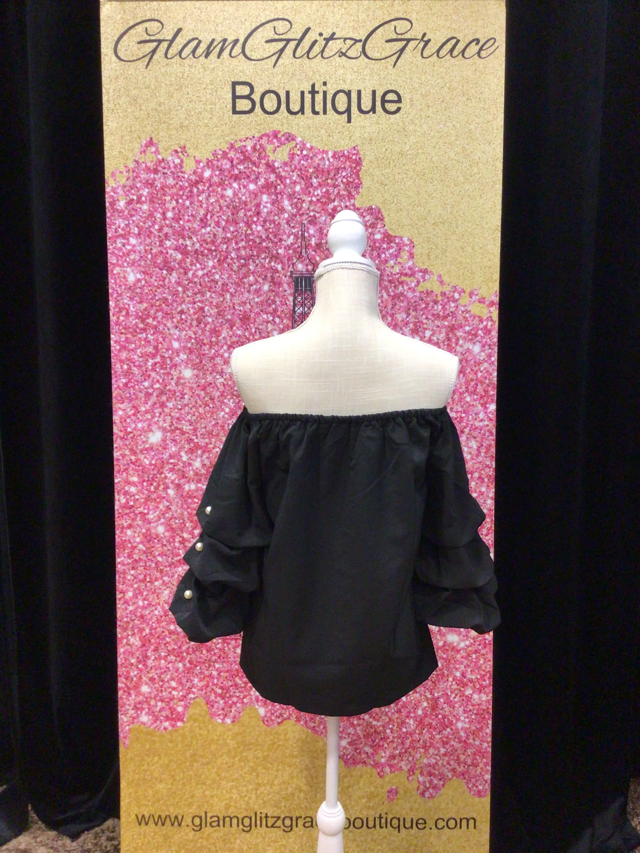 Black Off The Shoulder Ruffled Pearl Sleeves Top