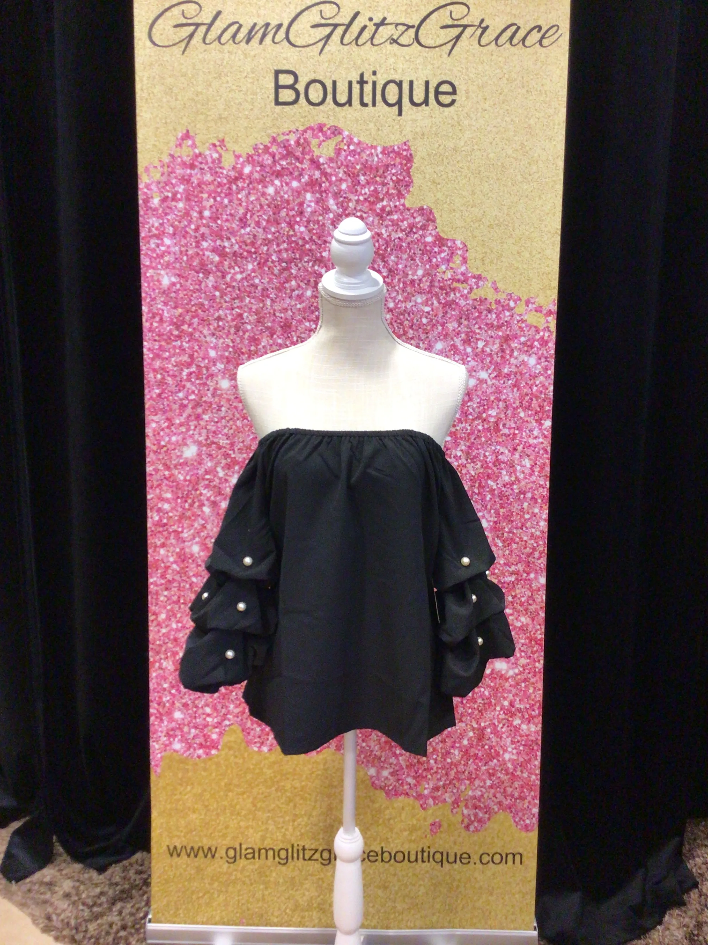 Black Off The Shoulder Ruffled Pearl Sleeves Top