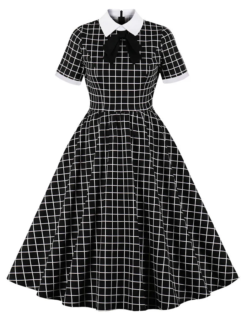 Black Plaid PeterPan Collar Short Sleeve High Waist Vintage Cotton 1950S Dress