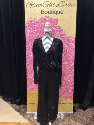 Black Sequin V-cut Bodysuit