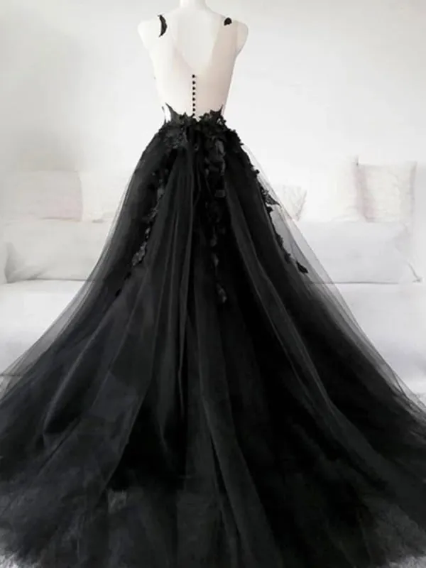 Black Tulle Lace Appliques Long Prom, Black Lace Formal, Black Evening