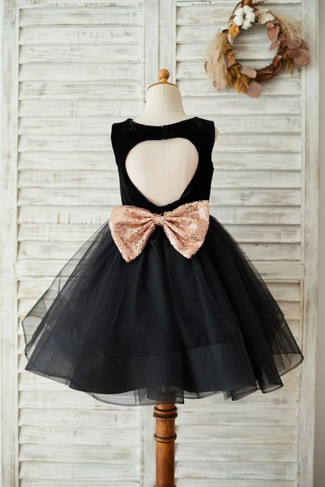 Black Velvet Tulle Keyhole Back Wedding Flower Girl Dress, Sequin Bow