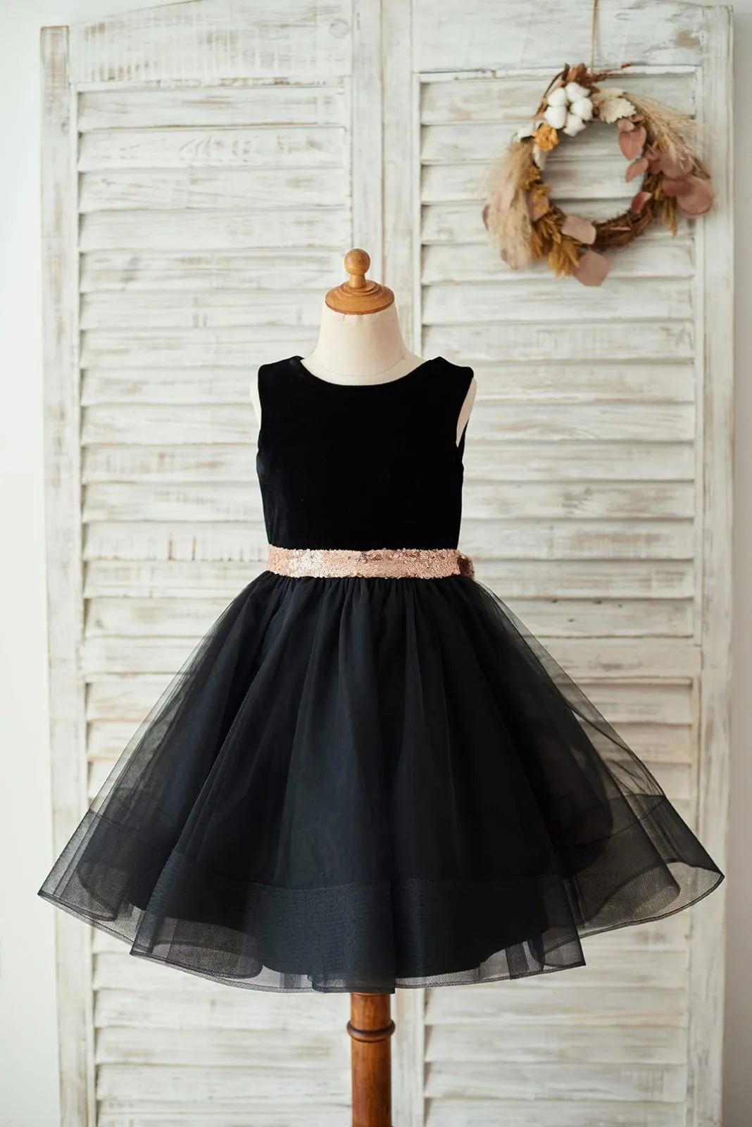 Black Velvet Tulle Keyhole Back Wedding Flower Girl Dress, Sequin Bow