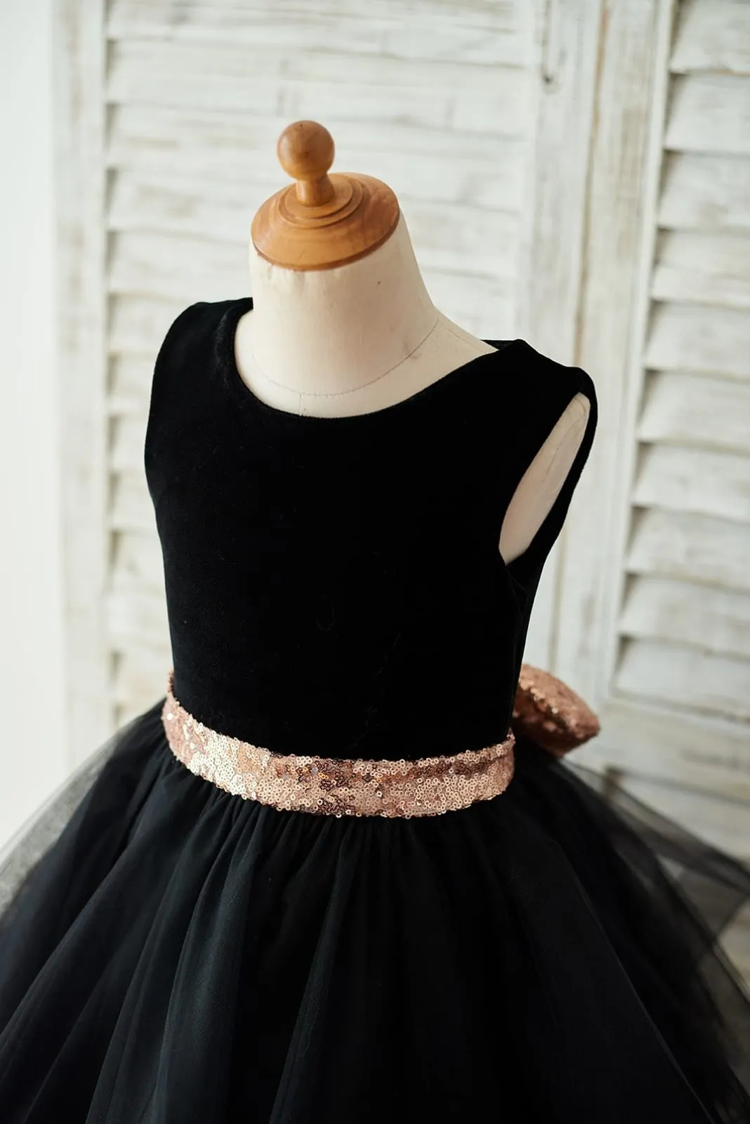 Black Velvet Tulle Keyhole Back Wedding Flower Girl Dress, Sequin Bow