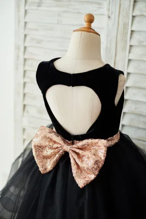 Black Velvet Tulle Keyhole Back Wedding Flower Girl Dress, Sequin Bow