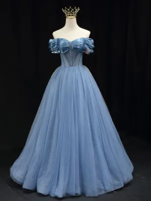 Blue Off Shoulder Tulle Long Prom Dress, Blue Tulle Formal Dress