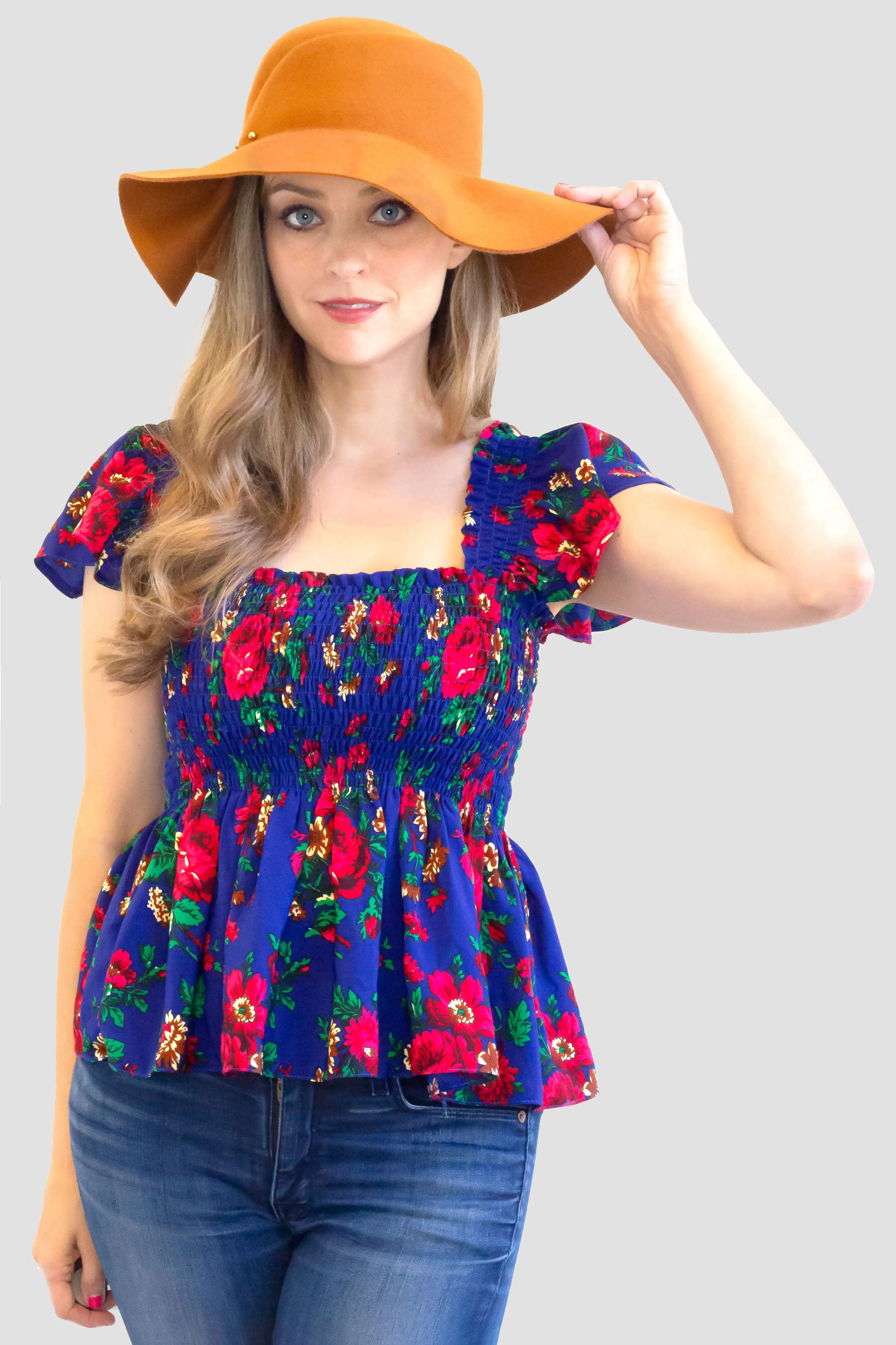 Blue Smocked Ruffle Top