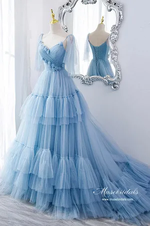 Blue Tulle A-line V-neck Spaghetti Straps Ruffles Princess Prom Dresses, MP873