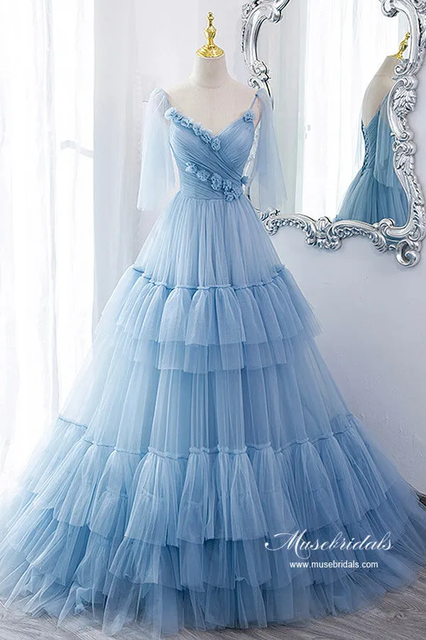 Blue Tulle A-line V-neck Spaghetti Straps Ruffles Princess Prom Dresses, MP873