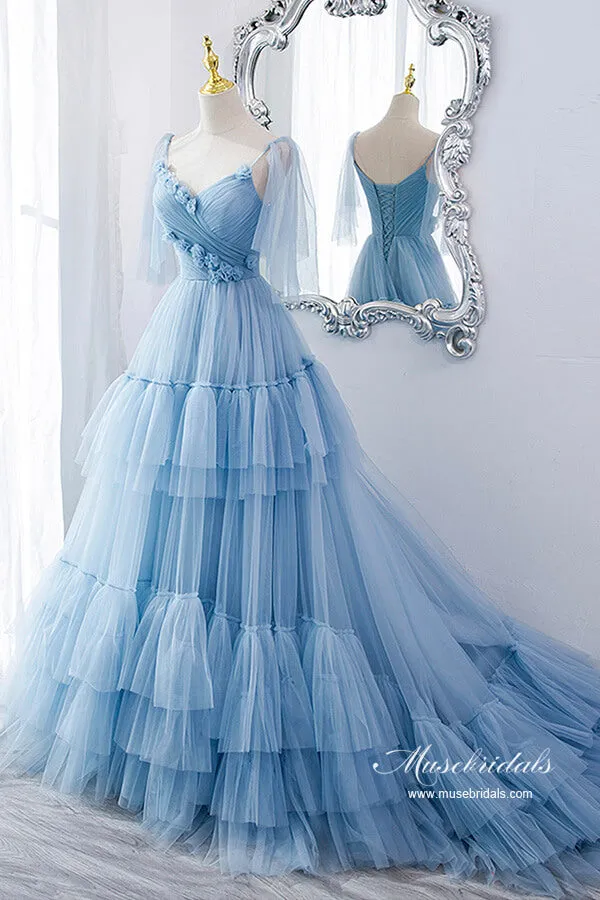 Blue Tulle A-line V-neck Spaghetti Straps Ruffles Princess Prom Dresses, MP873