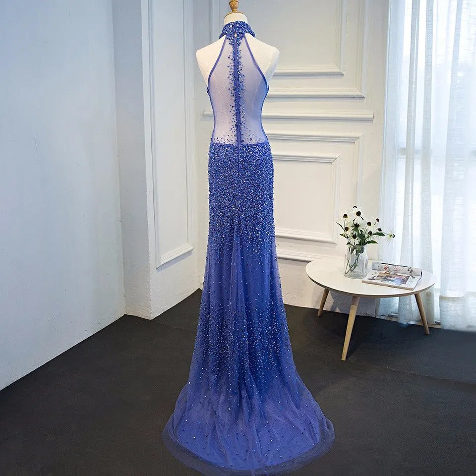 Blue Tulle Sweep Train Halter Sheer Back Beading Prom Dress, Long Party Dress