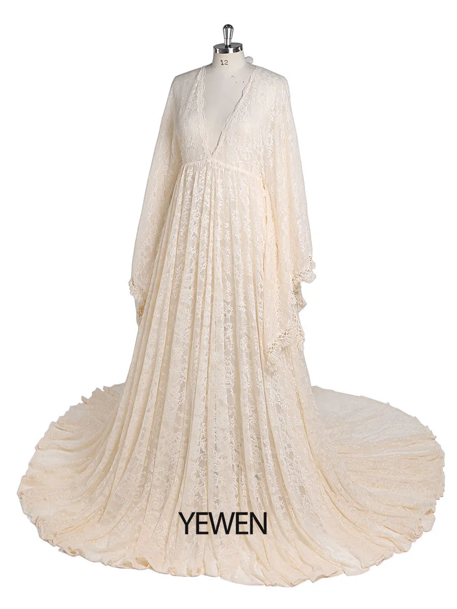 Boho Lace Maternity Dress for Photography Adjustable Waist Maternity Gowns for Baby Shower