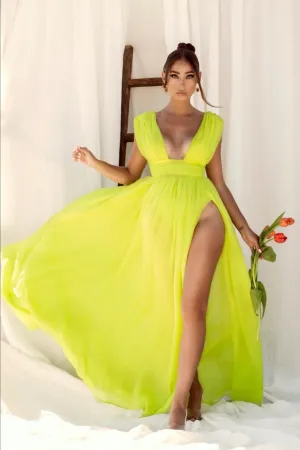 Bright Yellow Sexy Prom Gown with Open V-neckline