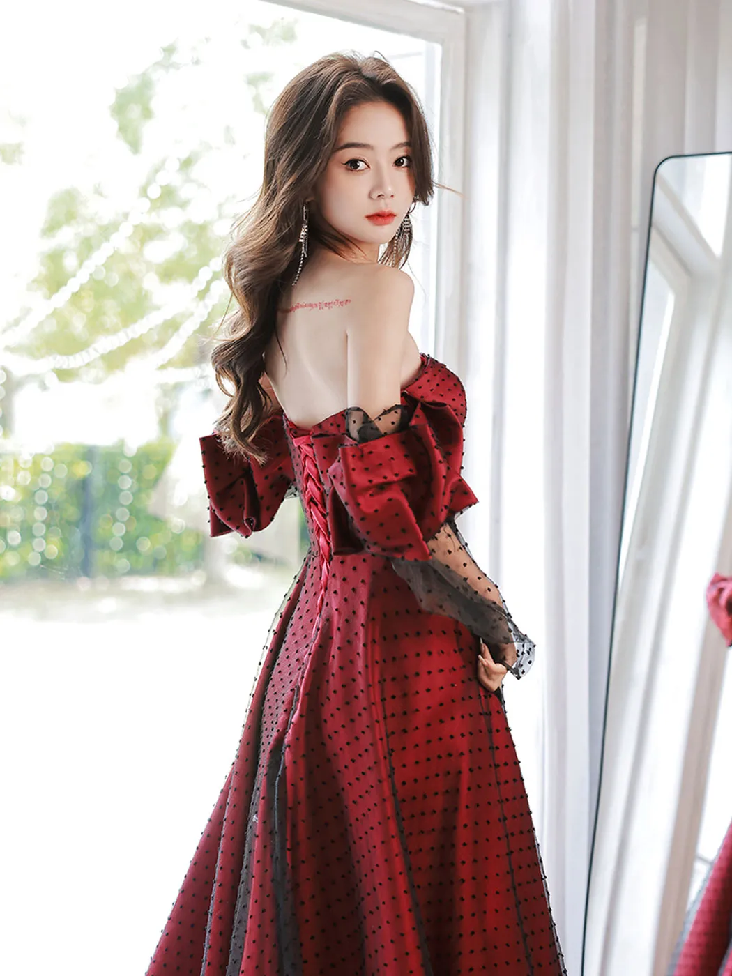 Burgundy A line tulle long prom dress burgundy formal dress