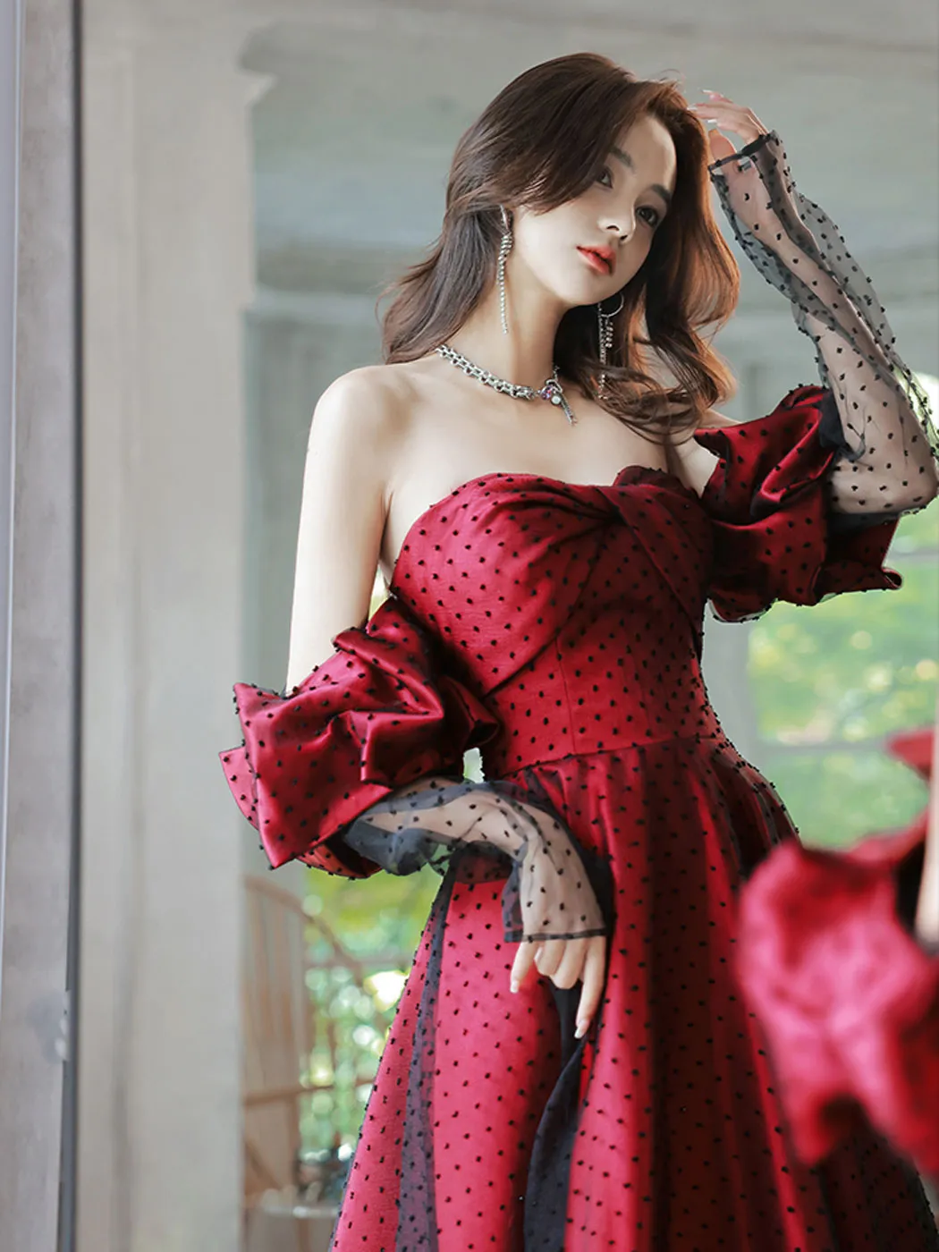 Burgundy A line tulle long prom dress burgundy formal dress