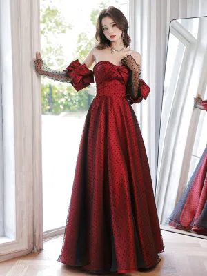 Burgundy A line tulle long prom dress burgundy formal dress