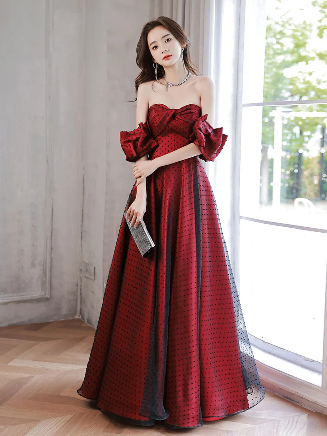 Burgundy A line tulle long prom dress burgundy formal dress