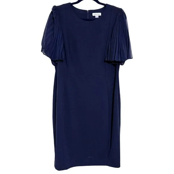 CALVIN KLEIN Pleated Illusion Short Sleeve Shift Dress Knee Length Navy NWT 14
