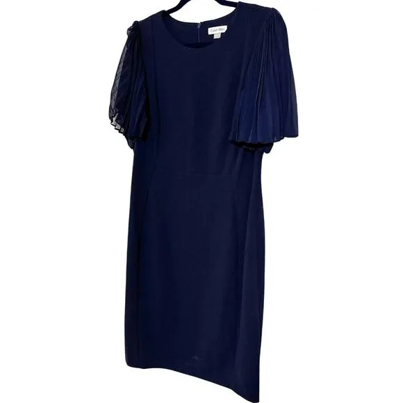 CALVIN KLEIN Pleated Illusion Short Sleeve Shift Dress Knee Length Navy NWT 14