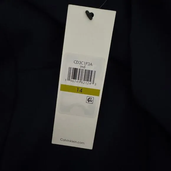 CALVIN KLEIN Pleated Illusion Short Sleeve Shift Dress Knee Length Navy NWT 14