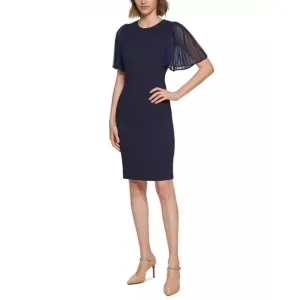 CALVIN KLEIN Pleated Illusion Short Sleeve Shift Dress Knee Length Navy NWT 14