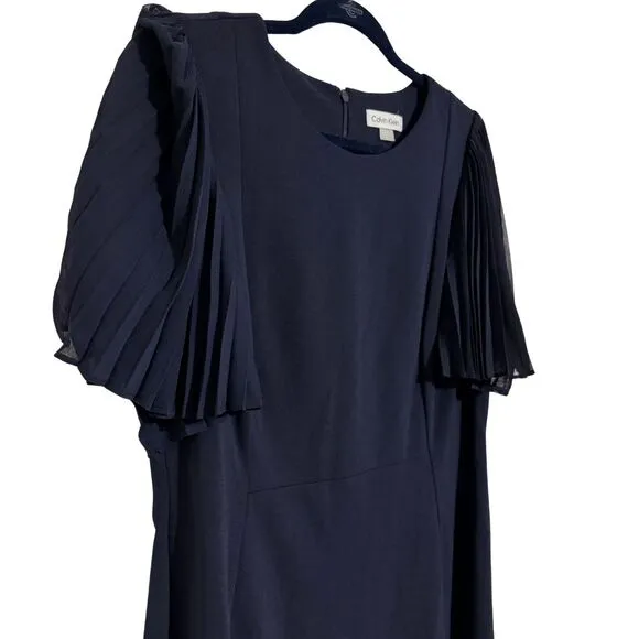 CALVIN KLEIN Pleated Illusion Short Sleeve Shift Dress Knee Length Navy NWT 14