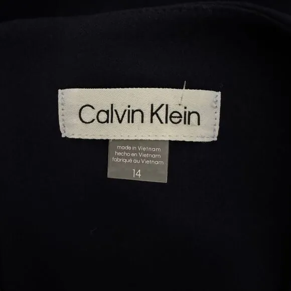 CALVIN KLEIN Pleated Illusion Short Sleeve Shift Dress Knee Length Navy NWT 14
