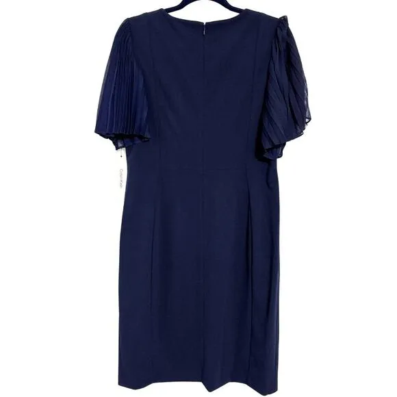 CALVIN KLEIN Pleated Illusion Short Sleeve Shift Dress Knee Length Navy NWT 14