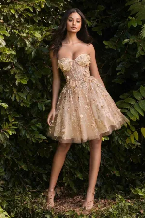 CD 9243 - Glitter Print 3D Floral Homecoming Dress with Sheer Boned Bodice & Lace Up Corset Back