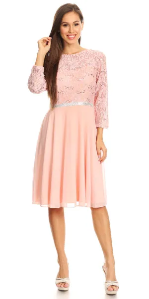 Celavie 6305-S Quarter Sleeves Lace Top A-Line Knee Length Dress