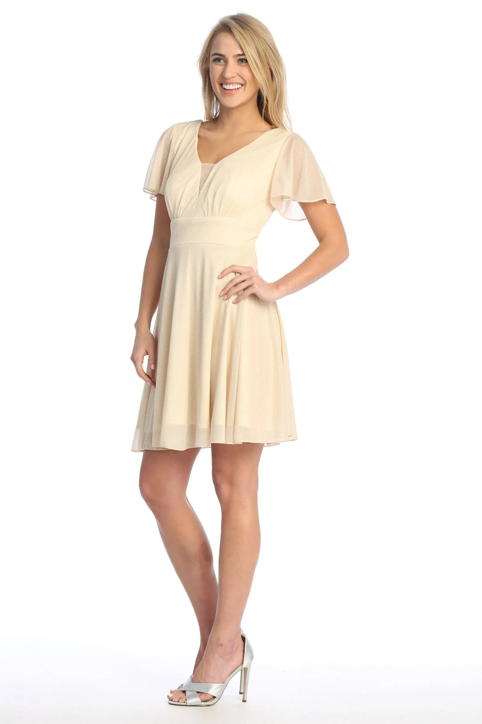 Celavie 6583-S Knee Length A-Line Short Sleeve Dress with Slit