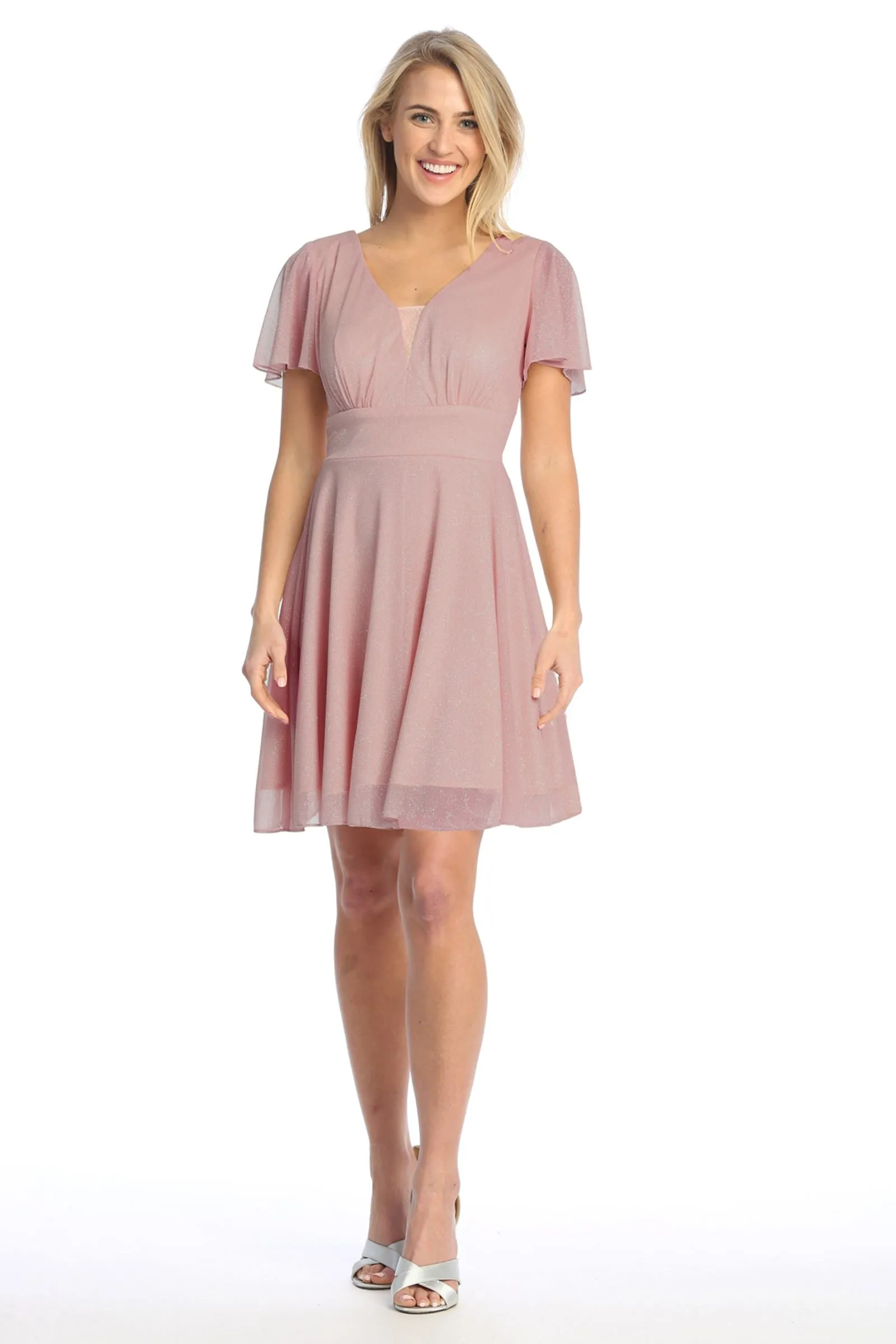 Celavie 6583-S Knee Length A-Line Short Sleeve Dress with Slit