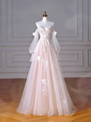 Champagne Tulle Lace Sweetheart Neck Long Formal Dress, A-Line Puff Sleeves Party Dress     fg5434