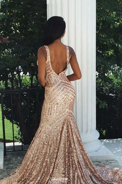 Charming Mermaid Backless Sequins Rose Gold Long Prom Dress TP0872