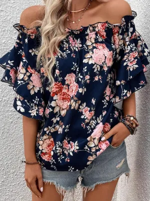 Chrissy Printed Off-Shoulder Flounce Sleeve Blouse