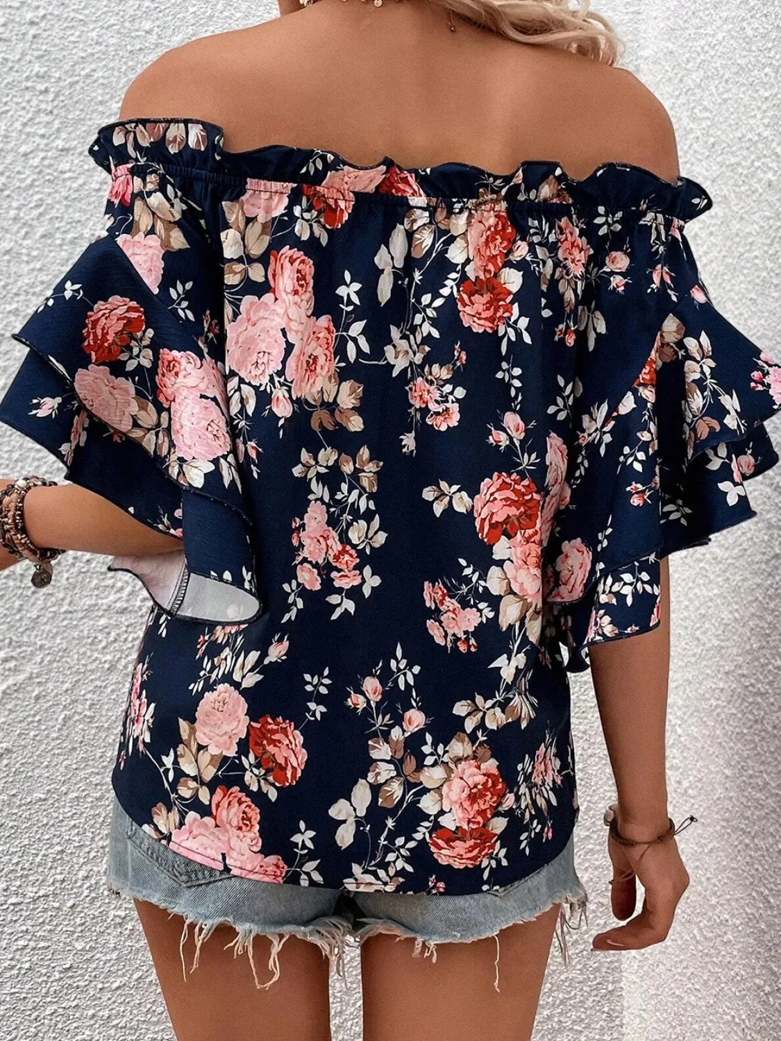 Chrissy Printed Off-Shoulder Flounce Sleeve Blouse