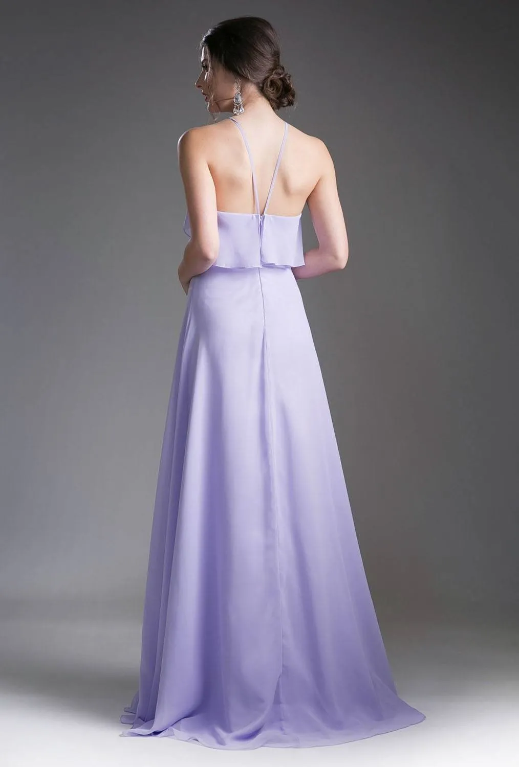 Cinderella Divine 13032 Ruffled Bodice Halter Long A-Line Chiffon Dress