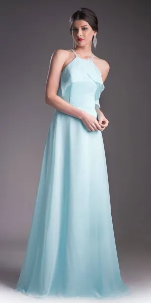 Cinderella Divine 13032 Ruffled Bodice Halter Long A-Line Chiffon Dress