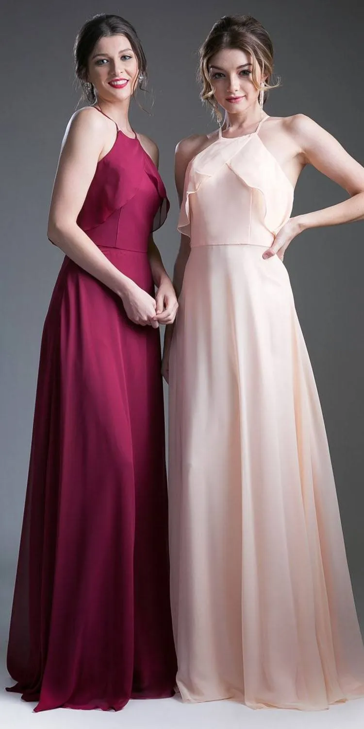 Cinderella Divine 13032 Ruffled Bodice Halter Long A-Line Chiffon Dress