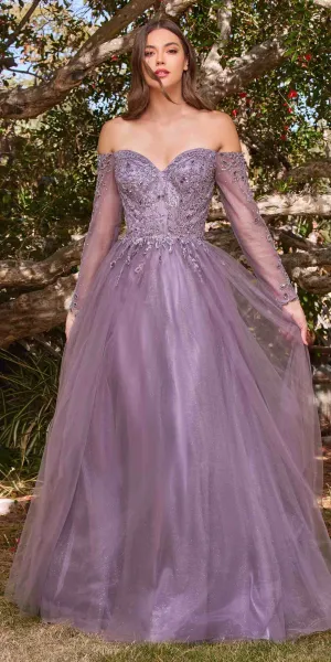 Cinderella Divine CD0172 A-Line Layered Tulle Gown Off The Shoulder Long Sleeve