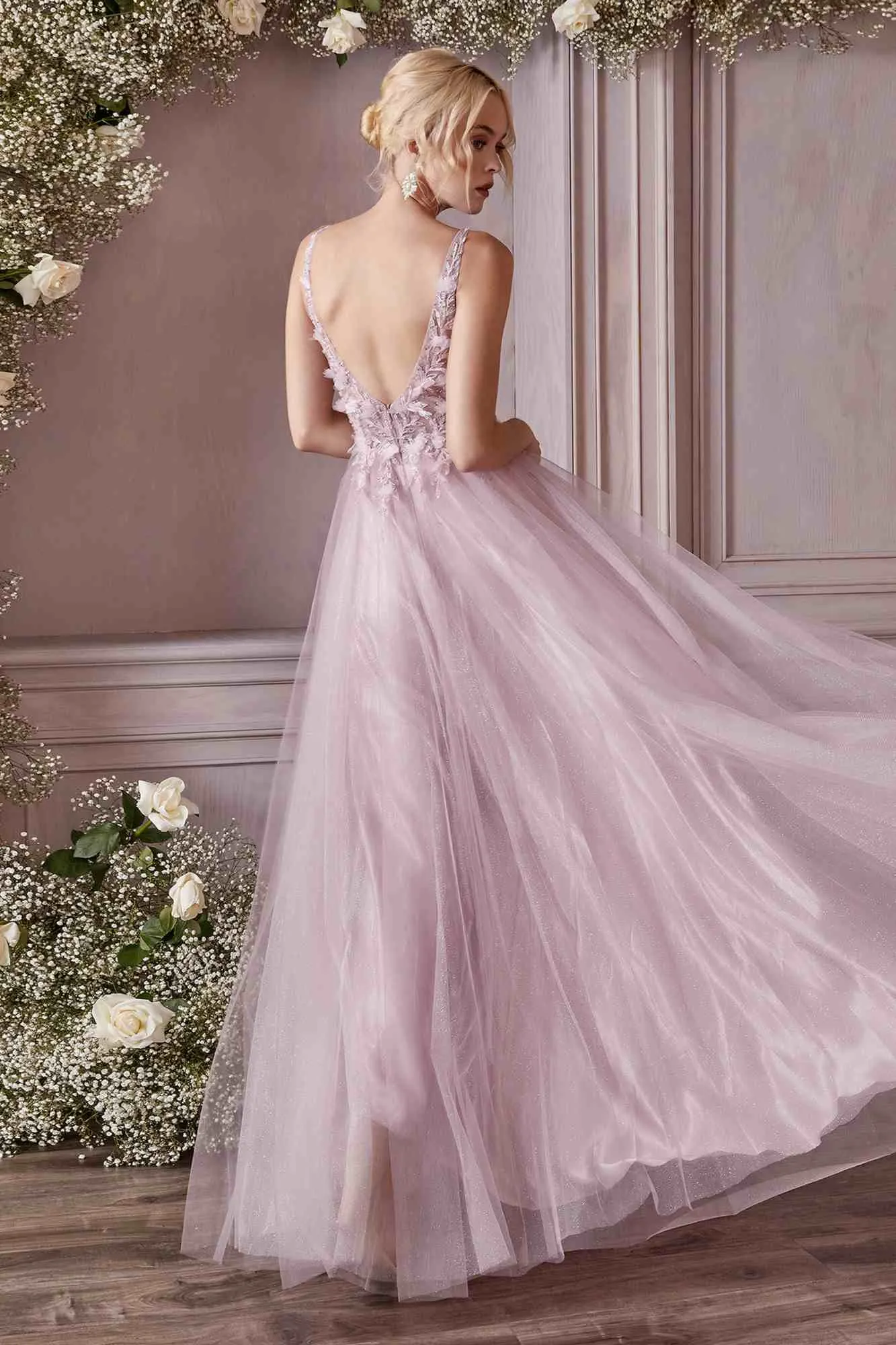 Cinderella Divine CD0181 Long Lace Floral A-Line Tulle/Lace Dress