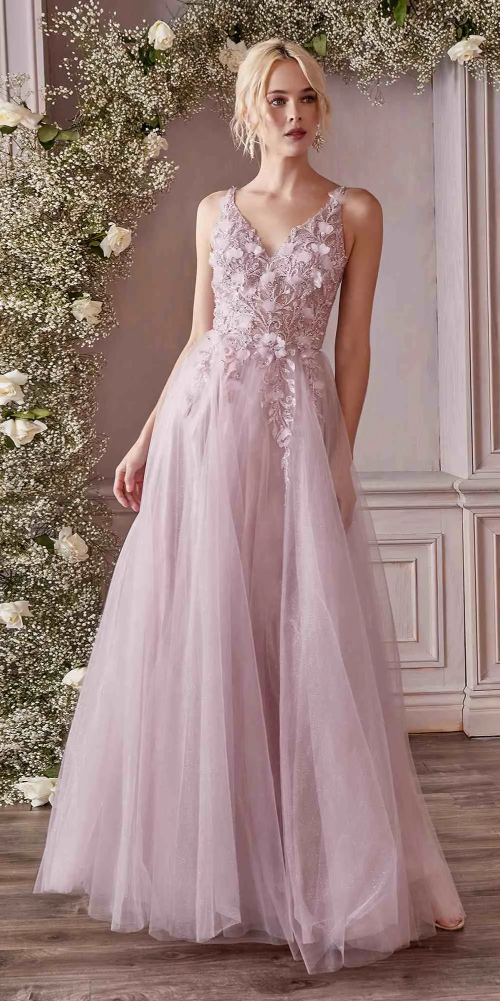 Cinderella Divine CD0181 Long Lace Floral A-Line Tulle/Lace Dress