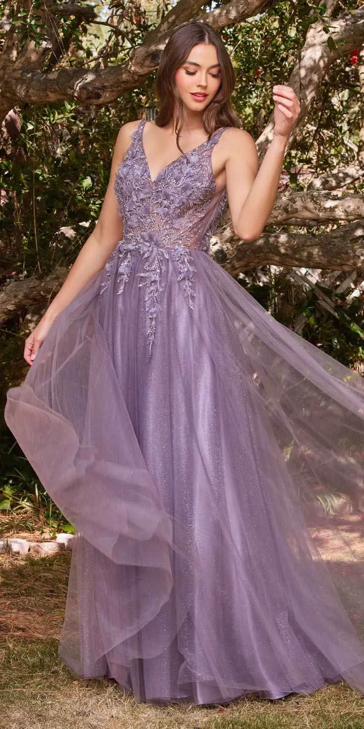 Cinderella Divine CD0181 Long Lace Floral A-Line Tulle/Lace Dress
