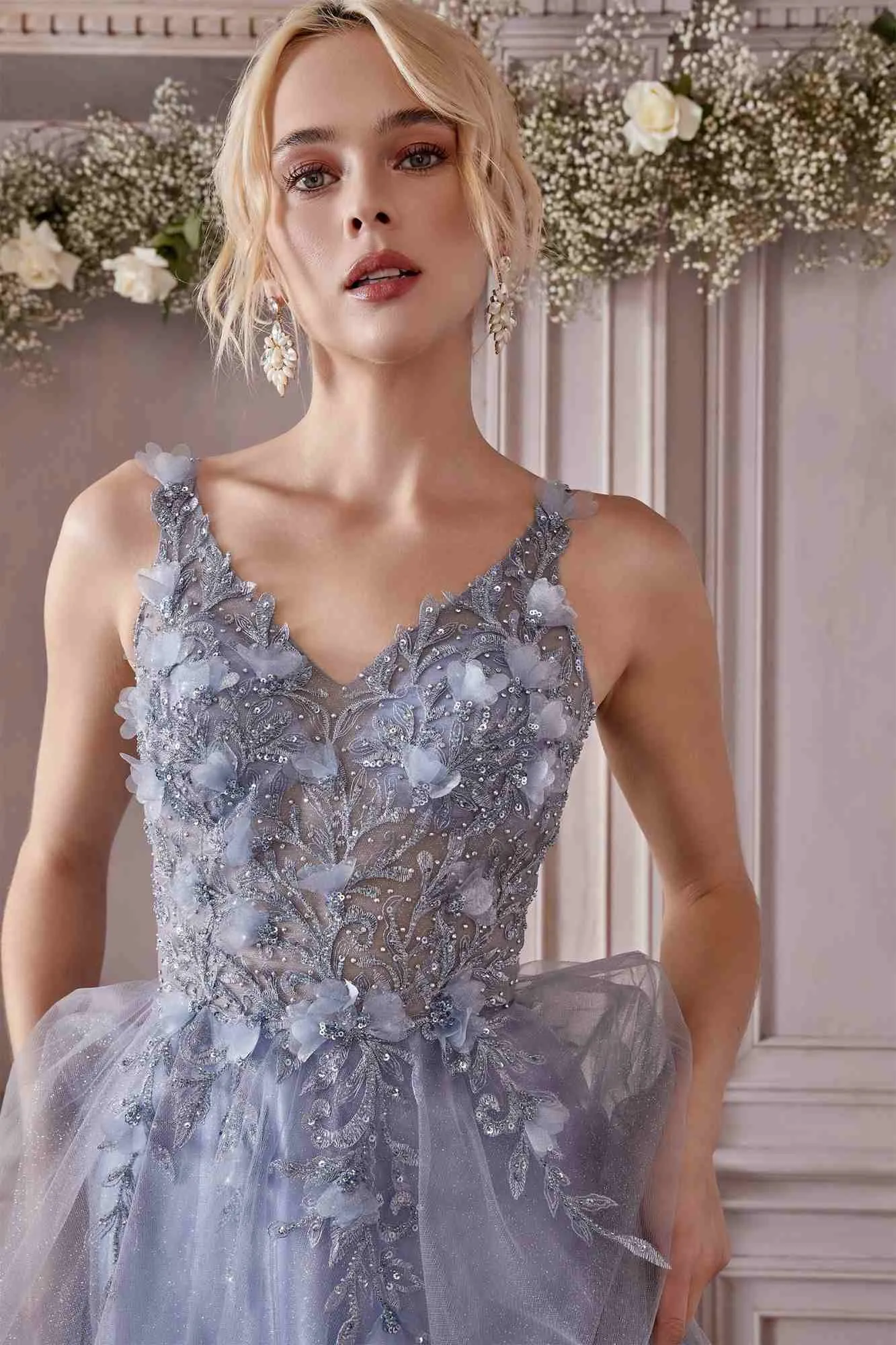 Cinderella Divine CD0181 Long Lace Floral A-Line Tulle/Lace Dress