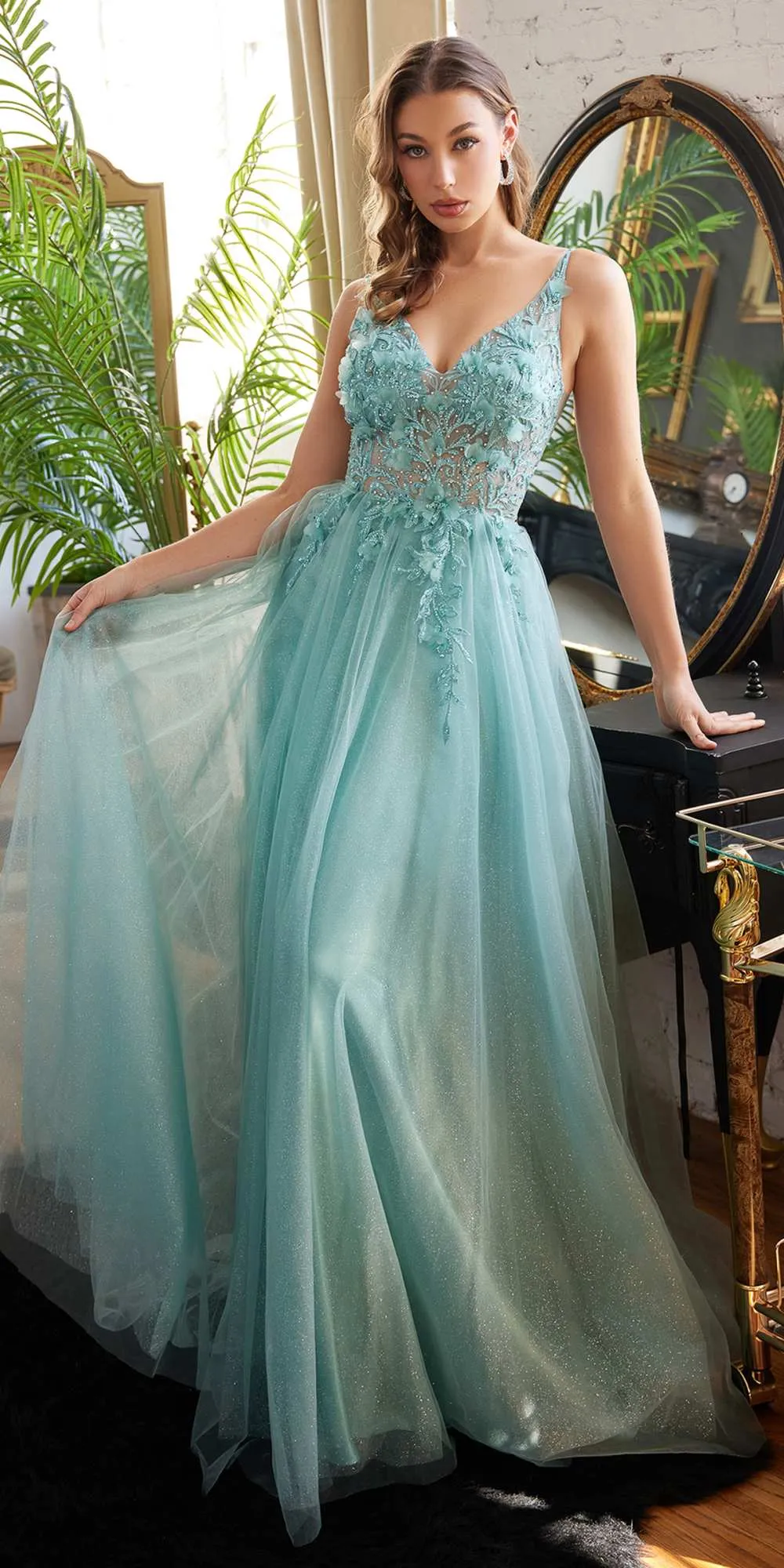 Cinderella Divine CD0181 Long Lace Floral A-Line Tulle/Lace Dress