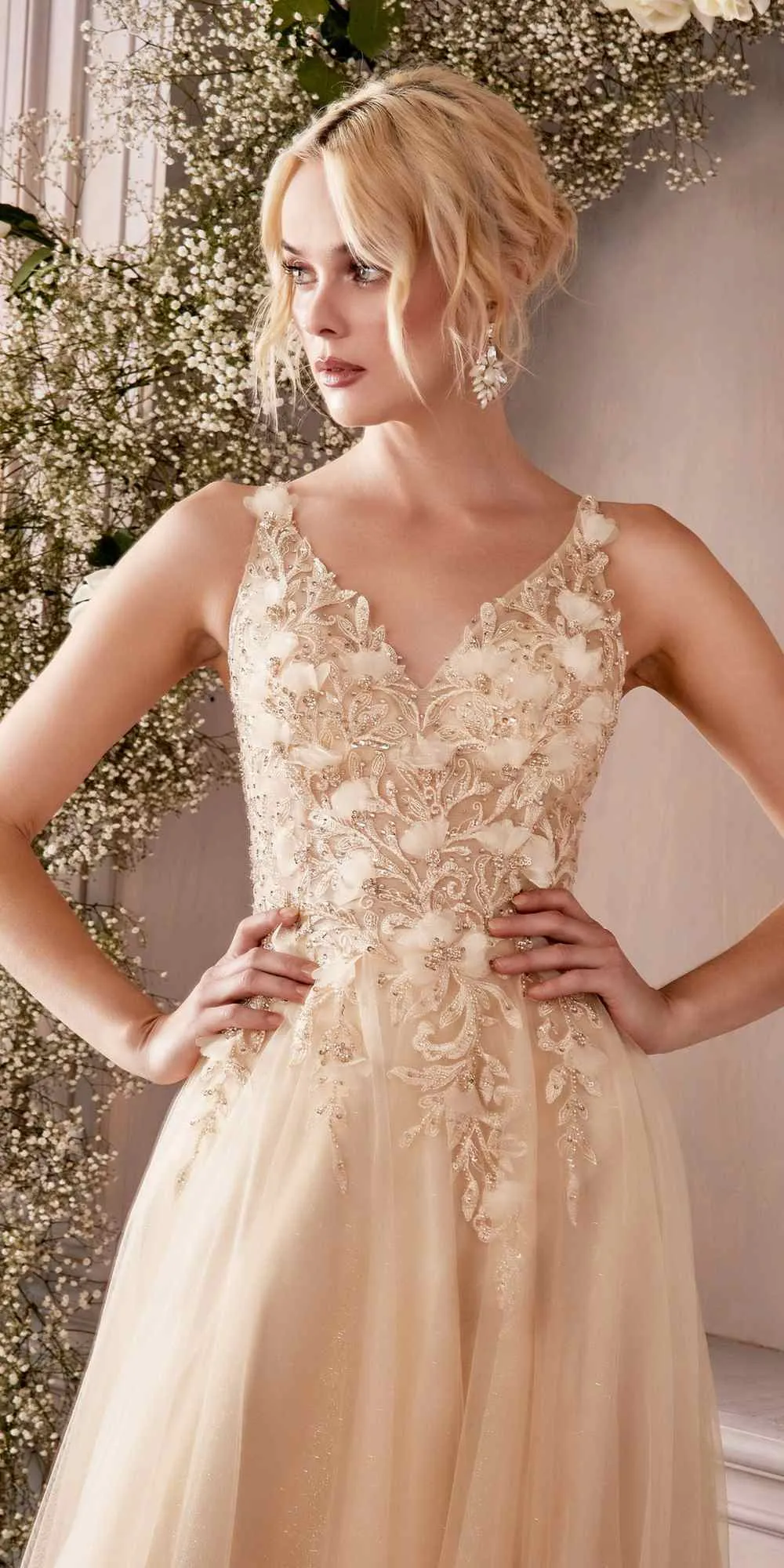 Cinderella Divine CD0181 Long Lace Floral A-Line Tulle/Lace Dress