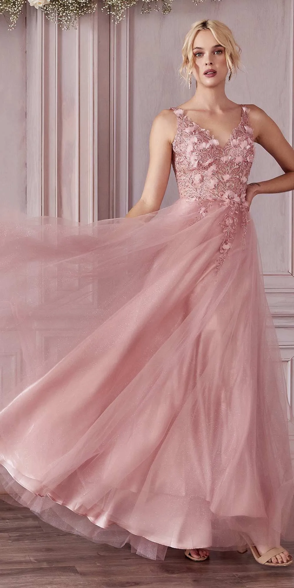 Cinderella Divine CD0181 Long Lace Floral A-Line Tulle/Lace Dress